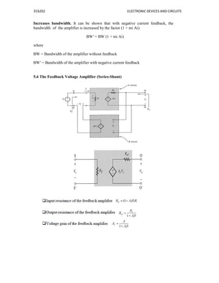 EC6202 ELECTRONIC DEVICES AND CIRCUITS
Increases bandwidth. It can be shown that with negative current feedback, the
bandwidth of the amplifier is increased by the factor (1 + mi Ai).
BW′ = BW (1 + mi Ai)
where
BW = Bandwidth of the amplifier without feedback
BW′ = Bandwidth of the amplifier with negative current feedback
5.6 The Feedback Voltage Amplifier (Series-Shunt)
 