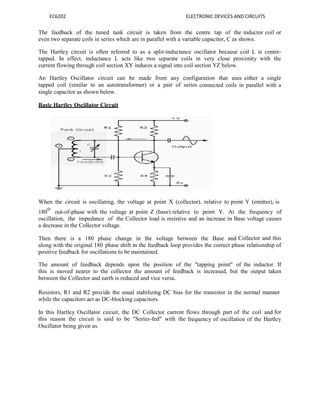 EC6202 ELECTRONIC DEVICES AND CIRCUITS
The feedback of the tuned tank circuit is taken from the centre tap of the inductor coil or
even two separate coils in series which are in parallel with a variable capacitor, C as shown.
The Hartley circuit is often referred to as a split-inductance oscillator because coil L is centre-
tapped. In effect, inductance L acts like two separate coils in very close proximity with the
current flowing through coil section XY induces a signal into coil section YZ below.
An Hartley Oscillator circuit can be made from any configuration that uses either a single
tapped coil (similar to an autotransformer) or a pair of series connected coils in parallel with a
single capacitor as shown below.
Basic Hartley Oscillator Circuit
When the circuit is oscillating, the voltage at point X (collector), relative to point Y (emitter), is
180
o
out-of-phase with the voltage at point Z (base) relative to point Y. At the frequency of
oscillation, the impedance of the Collector load is resistive and an increase in Base voltage causes
a decrease in the Collector voltage.
Then there is a 180 phase change in the voltage between the Base and Collector and this
along with the original 180 phase shift in the feedback loop provides the correct phase relationship of
positive feedback for oscillations to be maintained.
The amount of feedback depends upon the position of the "tapping point" of the inductor. If
this is moved nearer to the collector the amount of feedback is increased, but the output taken
between the Collector and earth is reduced and vice versa.
Resistors, R1 and R2 provide the usual stabilizing DC bias for the transistor in the normal manner
while the capacitors act as DC-blocking capacitors.
In this Hartley Oscillator circuit, the DC Collector current flows through part of the coil and for
this reason the circuit is said to be "Series-fed" with the frequency of oscillation of the Hartley
Oscillator being given as.
 