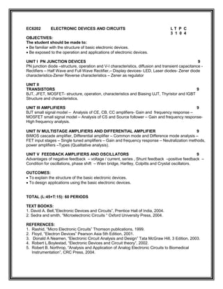 EC6202 ELECTRONIC DEVICES AND CIRCUITS L T P C
3 1 0 4
OBJECTIVES:
The student should be made to:
 Be familiar with the structure of basic electronic devices.
 Be exposed to the operation and applications of electronic devices.
UNIT I PN JUNCTION DEVICES 9
PN junction diode –structure, operation and V-I characteristics, diffusion and transient capacitance -
Rectifiers – Half Wave and Full Wave Rectifier,– Display devices- LED, Laser diodes- Zener diode
characteristics-Zener Reverse characteristics – Zener as regulator
UNIT II
TRANSISTORS 9
BJT, JFET, MOSFET- structure, operation, characteristics and Biasing UJT, Thyristor and IGBT
Structure and characteristics.
UNIT III AMPLIFIERS 9
BJT small signal model – Analysis of CE, CB, CC amplifiers- Gain and frequency response –
MOSFET small signal model – Analysis of CS and Source follower – Gain and frequency response-
High frequency analysis.
UNIT IV MULTISTAGE AMPLIFIERS AND DIFFERENTIAL AMPLIFIER 9
BIMOS cascade amplifier, Differential amplifier – Common mode and Difference mode analysis –
FET input stages – Single tuned amplifiers – Gain and frequency response – Neutralization methods,
power amplifiers –Types (Qualitative analysis).
UNIT V FEEDBACK AMPLIFIERS AND OSCILLATORS 9
Advantages of negative feedback – voltage / current, series , Shunt feedback –positive feedback –
Condition for oscillations, phase shift – Wien bridge, Hartley, Colpitts and Crystal oscillators.
OUTCOMES:
 To explain the structure of the basic electronic devices.
 To design applications using the basic electronic devices.
TOTAL (L:45+T:15): 60 PERIODS
TEXT BOOKS:
1. David A. Bell,”Electronic Devices and Circuits”, Prentice Hall of India, 2004.
2. Sedra and smith, “Microelectronic Circuits “ Oxford University Press, 2004.
REFERENCES:
1. Rashid, “Micro Electronic Circuits” Thomson publications, 1999.
2. Floyd, “Electron Devices” Pearson Asia 5th Edition, 2001.
3. Donald A Neamen, “Electronic Circuit Analysis and Design” Tata McGraw Hill, 3 Edition, 2003.
4. Robert L.Boylestad, “Electronic Devices and Circuit theory”, 2002.
5. Robert B. Northrop, “Analysis and Application of Analog Electronic Circuits to Biomedical
Instrumentation”, CRC Press, 2004.
 
