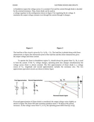 EC6202 ELECTRONIC DEVICES AND CIRCUITS
in breakdown region the voltage across it is constant (VZ) and the current through diode is decided
by the external resistance. Thus, Zener diode can be used as
a voltage regulator in the configuration shown in figure 2 for regulating the dc voltage. It
maintains the output voltage constant even through the current through it changes.
Figure 2 Figure 3
The load line of the circuit is given by Vs= Is Rs + Vz. The load line is plotted along with Zener
characteristic in figure The intersection point of the load line and the Zener characteristic gives
the output voltage and Zener current.
To operate the Zener in breakdown region Vs should always be greater than Vz. Rs is used
to limit the current. If the Vs voltage changes, operating point also changes simultaneously but
voltage across Zener is almost constant. The first approximation of Zener diode is a voltage
source of Vz magnitude and second approximation includes the resistance also. The two
approximate equivalent circuits are shown in below figure
If second approximation of Zener diode is considered, the output voltage varies slightly as
shown in figure The Zener ON state resistance produces more I * R drop as the current
increases. As the voltage varies from V1 to V2 the operating point shifts from Q1 to Q2.
 