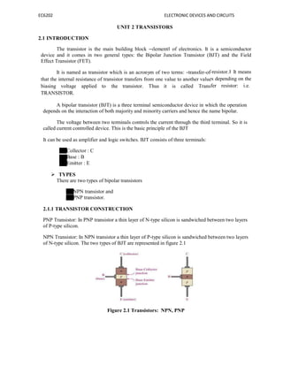 EC6202
2.1 INTRODUCTION
The transistor is the main
device and it comes in two gen
Effect Transistor (FET).
It is named as transistor whi
that the internal resistance of transi
biasing voltage applied to
TRANSISTOR.
A bipolar transistor (BJT)
depends on the interaction of both
The voltage between two
called current controlled device. This
It can be used as amplifier and lo
Collector : C
Base : B
Emitter : E
 TYPES
There are two types of bipo
NPN transistor and
PNP transistor.
2.1.1 TRANSISTOR CONSTR
PNP Transistor: In PNP transistor a
of P-type silicon.
NPN Transistor: In NPN transistor a
of N-type silicon. The two types of
Fig
ELECTRONIC DEVICES AN
UNIT 2 TRANSISTORS
in building block ―element‖ of electronics. It is
neral types: the Bipolar Junction Transistor (B
tor which is an acronym of two terms: ―transfer-of-
nsistor transfers from one value to another value
the transistor. Thus it is called Transfe
is a three terminal semiconductor device in whi
both majority and minority carriers and hence the n
terminals controls the current through the third
. This is the basic principle of the BJT
ogic switches. BJT consists of three terminals:
polar transistors
nd
RUCTION
tor a thin layer of N-type silicon is sandwiched be
tor a thin layer of P-type silicon is sandwiched be
s of BJT are represented in figure 2.1
igure 2.1 Transistors: NPN, PNP
ND CIRCUITS
is a semiconductor
BJT) and the Field
f-resistor.‖ It means
es depending on the
fer resistor: i.e.
which the operation
the name bipolar.
terminal. So it is
etween two layers
etween two layers
 