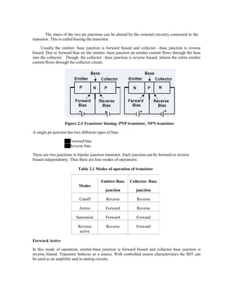 The states of the two pn junctions can be altered by the external circuitry connected to the
transistor. This is called biasing the transistor.
Usually the emitter- base junction is forward biased and collector –base junction is reverse
biased. Due to forward bias on the emitter- base junction an emitter current flows through the base
into the collector. Though, the collector –base junction is reverse biased, almost the entire emitter
current flows through the collector circuit.
Figure 2.4 Transistor biasing: PNP transistor, NPN transistor
A single pn junction has two different types of bias:
Forward bias
Reverse bias
There are two junctions in bipolar junction transistor. Each junction can be forward or reverse
biased independently. Thus there are four modes of operations:
Table 2.1 Modes of operation of transistor
Modes
Emitter-Base
junction
Collector- Base
junction
Cutoff Reverse Reverse
Active Forward Reverse
Saturation Forward Forward
Reverse
active
Reverse Forward
Forward Active
In this mode of operation, emitter-base junction is forward biased and collector base junction is
reverse biased. Transistor behaves as a source. With controlled source characteristics the BJT can
be used as an amplifier and in analog circuits.
 