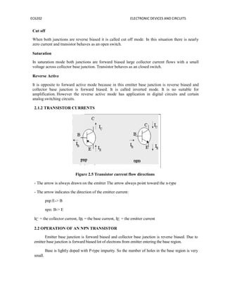 EC6202 ELECTRONIC DEVICES AND CIRCUITS
Cut off
When both junctions are reverse biased it is called cut off mode. In this situation there is nearly
zero current and transistor behaves as an open switch.
Saturation
In saturation mode both junctions are forward biased large collector current flows with a small
voltage across collector base junction. Transistor behaves as an closed switch.
Reverse Active
It is opposite to forward active mode because in this emitter base junction is reverse biased and
collector base junction is forward biased. It is called inverted mode. It is no suitable for
amplification. However the reverse active mode has application in digital circuits and certain
analog switching circuits.
2.1.2 TRANSISTOR CURRENTS
Figure 2.5 Transistor current flow directions
- The arrow is always drawn on the emitter The arrow always point toward the n-type
- The arrow indicates the direction of the emitter current:
pnp:E-> B
npn: B-> E
IC = the collector current, IB = the base current, IE = the emitter current
2.2 OPERATION OF AN NPN TRANSISTOR
Emitter base junction is forward biased and collector base junction is reverse biased. Due to
emitter base junction is forward biased lot of electrons from emitter entering the base region.
small.
Base is lightly doped with P-type impurity. So the number of holes in the base region is very
 