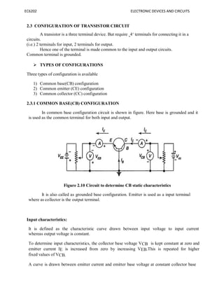 EC6202 ELECTRONIC DEVICES AND CIRCUITS
2.3 CONFIGURATION OF TRANSISTOR CIRCUIT
A transistor is a three terminal device. But require ‗4‘ terminals for connecting it in a
circuits.
(i.e.) 2 terminals for input, 2 terminals for output.
Hence one of the terminal is made common to the input and output circuits.
Common terminal is grounded.
 TYPES OF CONFIGURATIONS
Three types of configuration is available
1) Common base(CB) configuration
2) Common emitter (CE) configuration
3) Common collector (CC) configuration
2.3.1 COMMON BASE(CB) CONFIGURATION
In common base configuration circuit is shown in figure. Here base is grounded and it
is used as the common terminal for both input and output.
Figure 2.10 Circuit to determine CB static characteristics
It is also called as grounded base configuration. Emitter is used as a input terminal
where as collector is the output terminal.
Input characteristics:
It is defined as the characteristic curve drawn between input voltage to input current
whereas output voltage is constant.
To determine input characteristics, the collector base voltage VCB is kept constant at zero and
emitter current IE is increased from zero by increasing VEB.This is repeated for higher
fixed values of VCB.
A curve is drawn between emitter current and emitter base voltage at constant collector base
 
