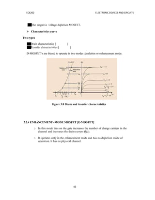 42
EC6202 ELECTRONIC DEVICES AND CIRCUITS
The negative voltage depletion MOSFET.
 Characteristics curve
Two types
Drain characteristics [ ]
Transfer characteristics [ ]
D-MOSFET‘s are biased to operate in two modes :depletion or enhancement mode.
Figure 3.8 Drain and transfer characteristics
2.5.4 ENHANCEMENT- MODE MOSFET [E-MOSFET]
o In this mode bias on the gate increases the number of charge carriers in the
channel and increases the drain current (ID).
o It operates only in the enhancement mode and has no depletion mode of
operation. It has no physical channel.
 