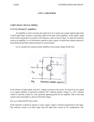 EC6202 ELECTRONIC DEVICES AND CIRCUITS
UNIT 3 AMPLIFIERS
3.1BJT SMALL SIGNAL MODEL
3.1.1 CE, CB and CC Amplifiers:
An amplifier is used to increase the signal level. It is used to get a larger signal output from
a small signal input. Assume a sinusoidal signal at the input of the amplifier. At the output, signal
must remain sinusoidal in waveform with frequency same as that of input. To make the transistor
work as an amplifier, it is to be biased to operate in active region. It means base-emitter junction is
forward biased and base-collector junction is reverse biased.
Let us consider the common emitter amplifier circuit using voltage divider bias.
In the absence of input signal, only D.C. voltage is present in the circuit. It is known as zero signal
or no signal condition or quiescent condition. D.C. collector-emitter voltage VCE, D.C. collector
current IC and base current IB is the quiescent operating point for the amplifier. Due to this base
current varies sinusoidaly as shown in the below figure.
Fig. IBQ is quiescent DC base current
If the transistor is biased to operate in active region, output is linearly proportional to the input.
The collector current is β times larger than the input base current in CE configuration. The
 