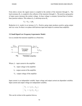 EC6202 ELECTRONIC DEVICES AND CIRCUITS
72
From above circuit, the signal source is coupled to the emitter of the transistor through C1. The
load resistance RL is coupled to the collector of the transistor through C2. The positive going pulse
of input source increases the emitter voltage. As base voltage is constant, forward bias of emitter-
base junction reduces. This reduces Ib, Ic and drop across Rc.
Vo = VCC - ICRC
Reduction in IC results in an increase in Vo. Positive going input produces positive going output
and vice versa. So there is no phase shift between input and output in common base amplifier.
3.2 Small Signal Low Frequency h-parameter Model:
Let us consider the transistor amplifier as a block box.
Where, Ii – input current to the amplifier
Vi - input voltage to the amplifier
Io – output current of the amplifier
Vo – output voltage of the amplifier
Input current is an independent variable. Input voltage and output current are dependent variables.
Input current and output voltage are independent variables.
This can be written in the equation form as,
 