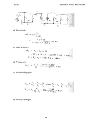 EC6202 ELECTRONIC DEVICES AND CIRCUITS
78
a) Current gain
b) Input Resistance
c) Voltage gain
d) Overall voltage gain
e) Overall current gain
 