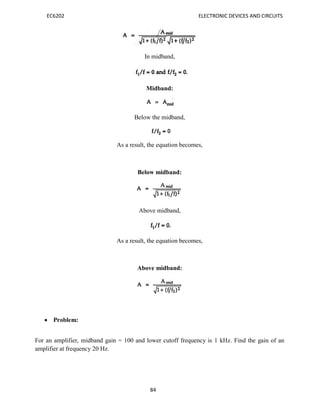 EC6202 ELECTRONIC DEVICES AND CIRCUITS
84
 Problem:
In midband,
Midband:
Below the midband,
As a result, the equation becomes,
Below midband:
Above midband,
As a result, the equation becomes,
Above midband:
For an amplifier, midband gain = 100 and lower cutoff frequency is 1 kHz. Find the gain of an
amplifier at frequency 20 Hz.
 