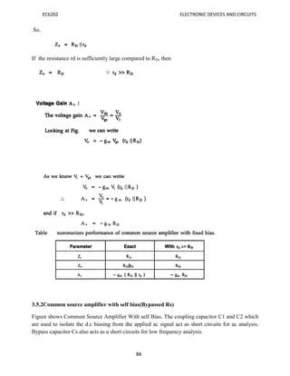 EC6202 ELECTRONIC DEVICES AND CIRCUITS
88
So,
If the resistance rd is sufficiently large compared to RD, then
3.5.2Common source amplifier with self bias(Bypassed Rs)
Figure shows Common Source Amplifier With self Bias. The coupling capacitor C1 and C2 which
are used to isolate the d.c biasing from the applied ac signal act as short circuits for ac analysis.
Bypass capacitor Cs also acts as a short circuits for low frequency analysis.
 