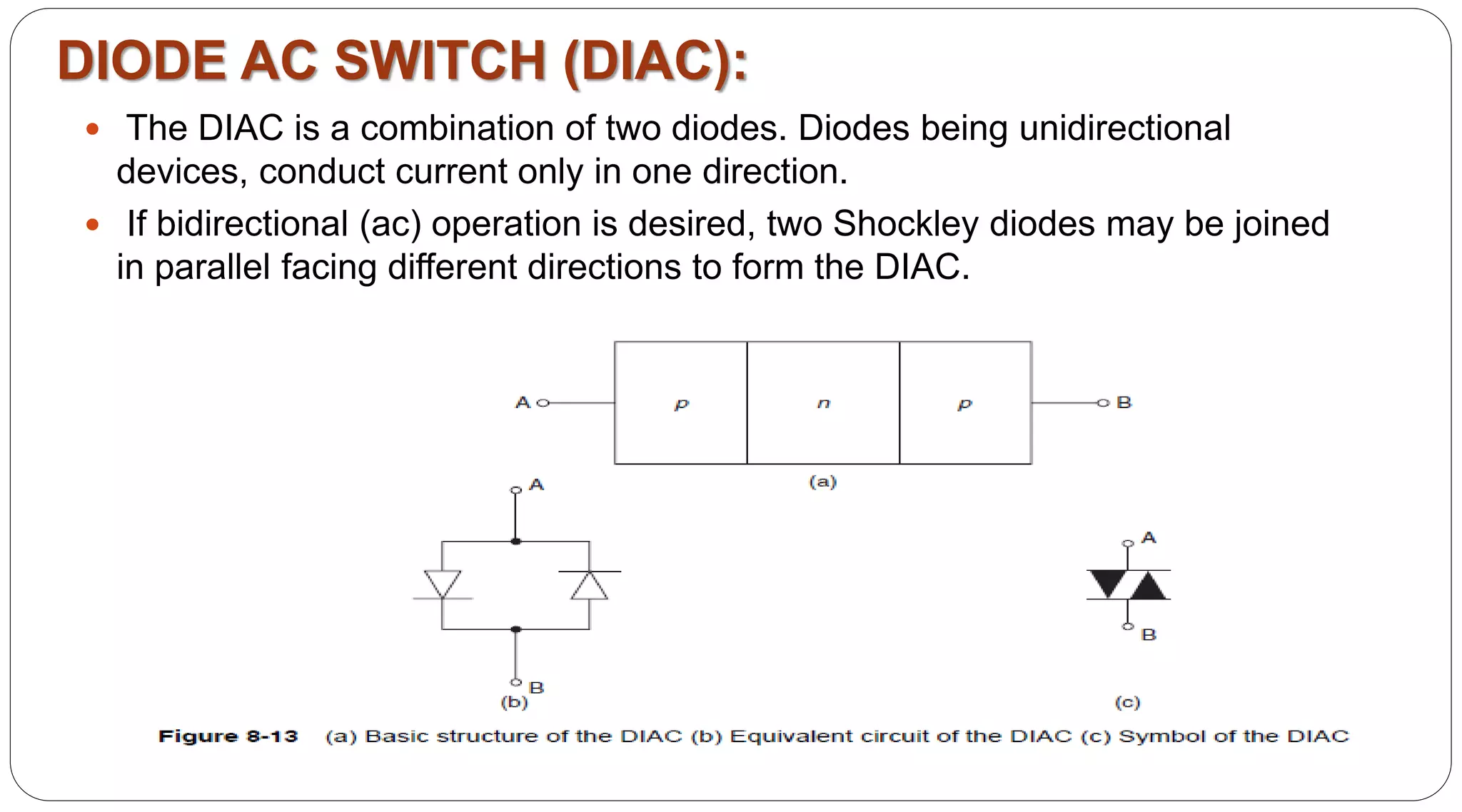 DIODE AC SWITCH (DIAC):
 The DIAC is a combination of two diodes. Diodes being unidirectional
devices, conduct current only in one direction.
 If bidirectional (ac) operation is desired, two Shockley diodes may be joined
in parallel facing different directions to form the DIAC.
 