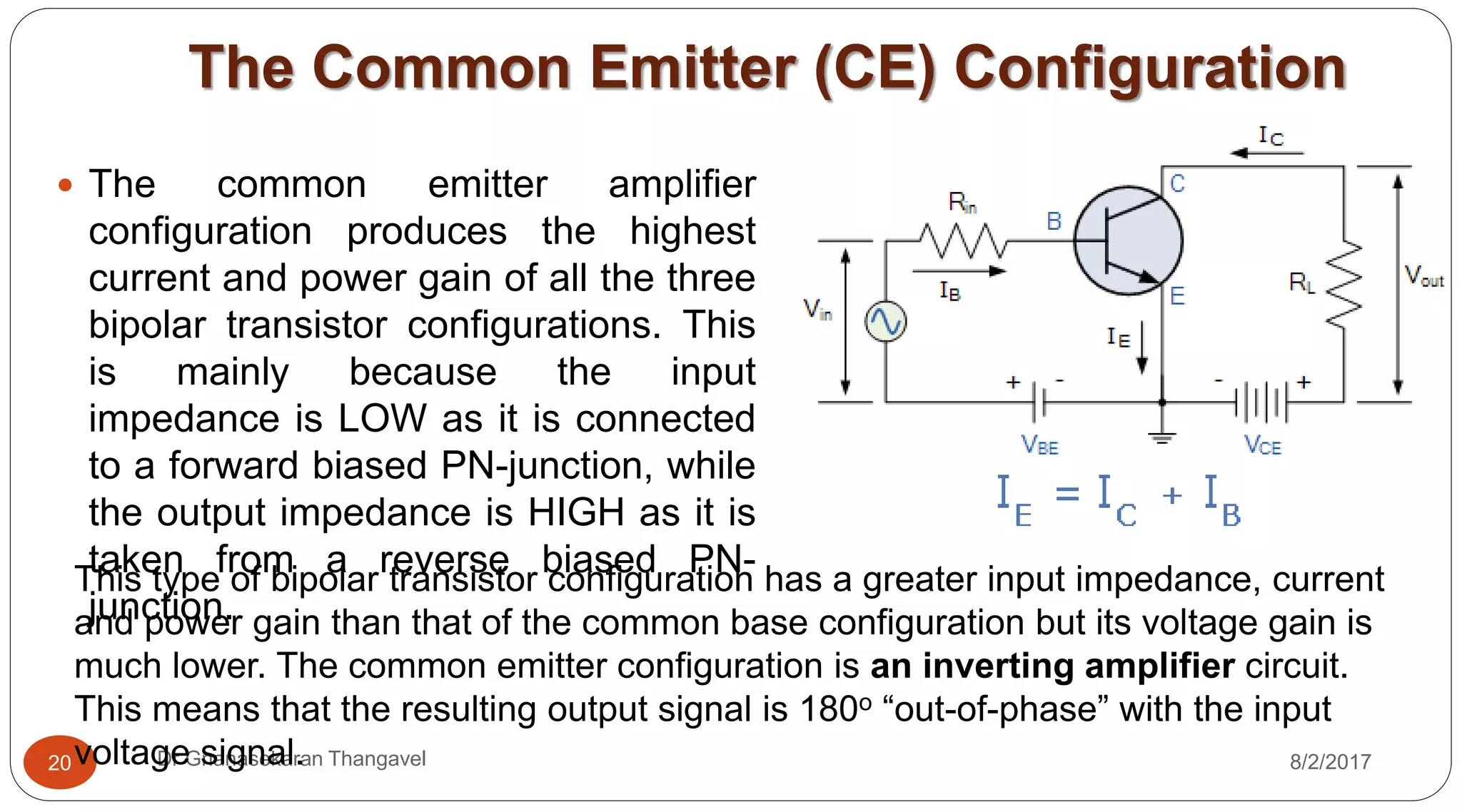 The Common Emitter (CE) Configuration
8/2/2017Dr Gnanasekaran Thangavel20
 The common emitter amplifier
configuration produces the highest
current and power gain of all the three
bipolar transistor configurations. This
is mainly because the input
impedance is LOW as it is connected
to a forward biased PN-junction, while
the output impedance is HIGH as it is
taken from a reverse biased PN-
junction.
This type of bipolar transistor configuration has a greater input impedance, current
and power gain than that of the common base configuration but its voltage gain is
much lower. The common emitter configuration is an inverting amplifier circuit.
This means that the resulting output signal is 180o “out-of-phase” with the input
voltage signal.
 