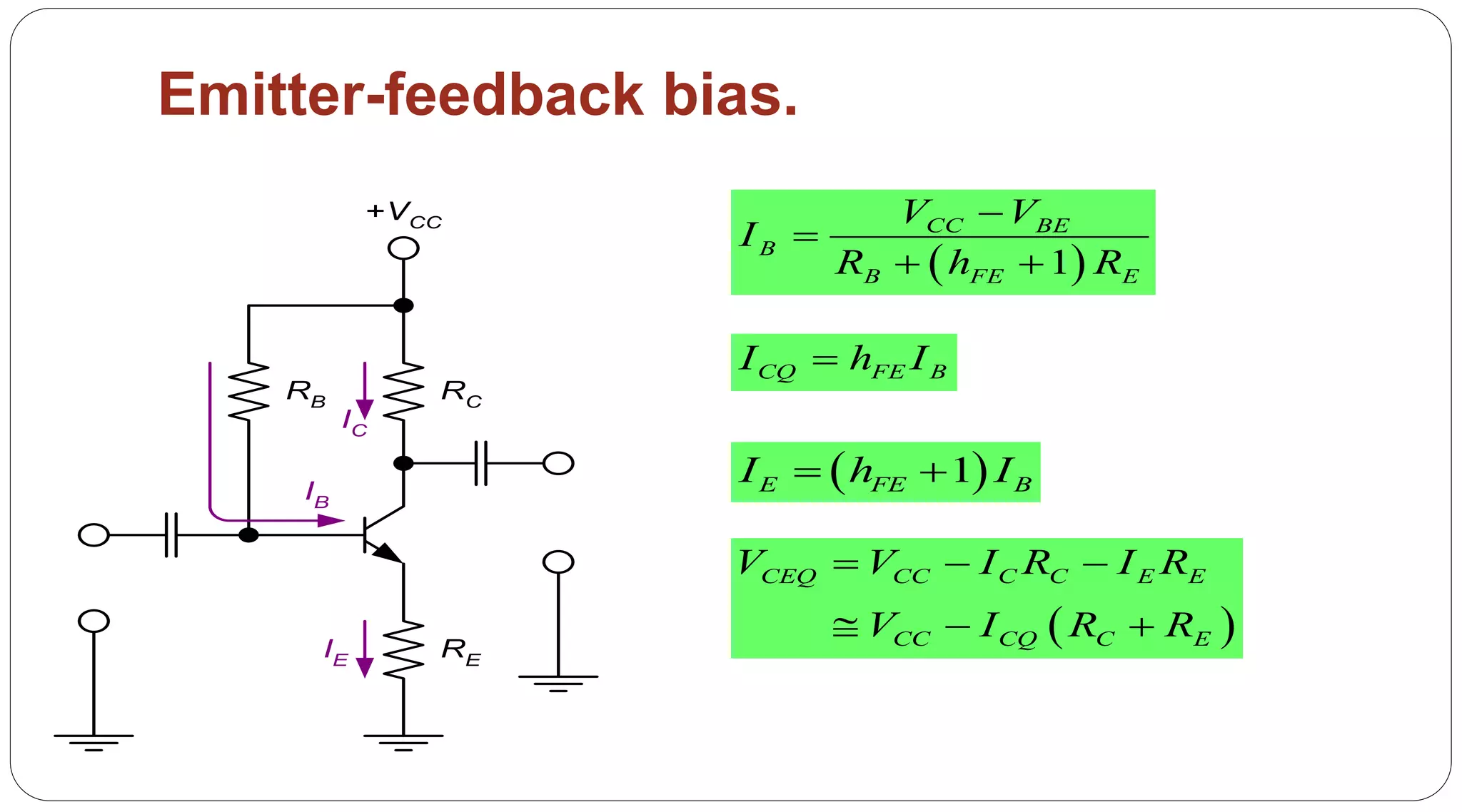 66
Emitter-feedback bias.
RB RC
+VCC
RE
IB
IE
IC
 1
CC BE
B
B FE E
V V
I
R h R


 
CQ FE BI h I
 
CEQ CC C C E E
CC CQ C E
V V I R I R
V I R R
  
  
 1E FE BI h I 
 
