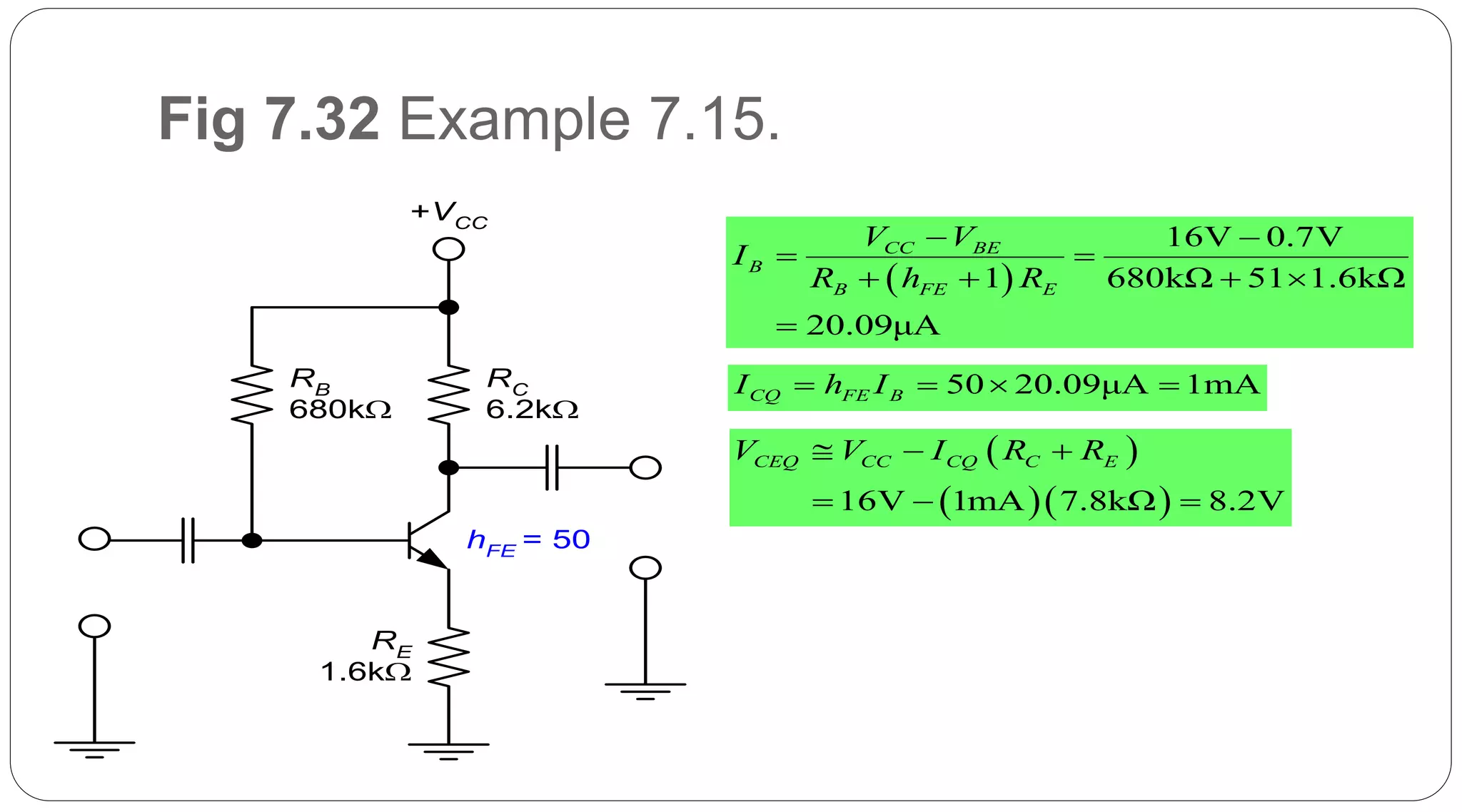 67
Fig 7.32 Example 7.15.
RB
680k
RC
6.2k
+VCC
RE
1.6k
hFE = 50
 
16V 0.7V
1 680kΩ 51 1.6kΩ
20.09μA
CC BE
B
B FE E
V V
I
R h R
 
 
   

50 20.09μA 1mACQ FE BI h I   
 
  16V 1mA 7.8kΩ 8.2V
CEQ CC CQ C EV V I R R  
  
 