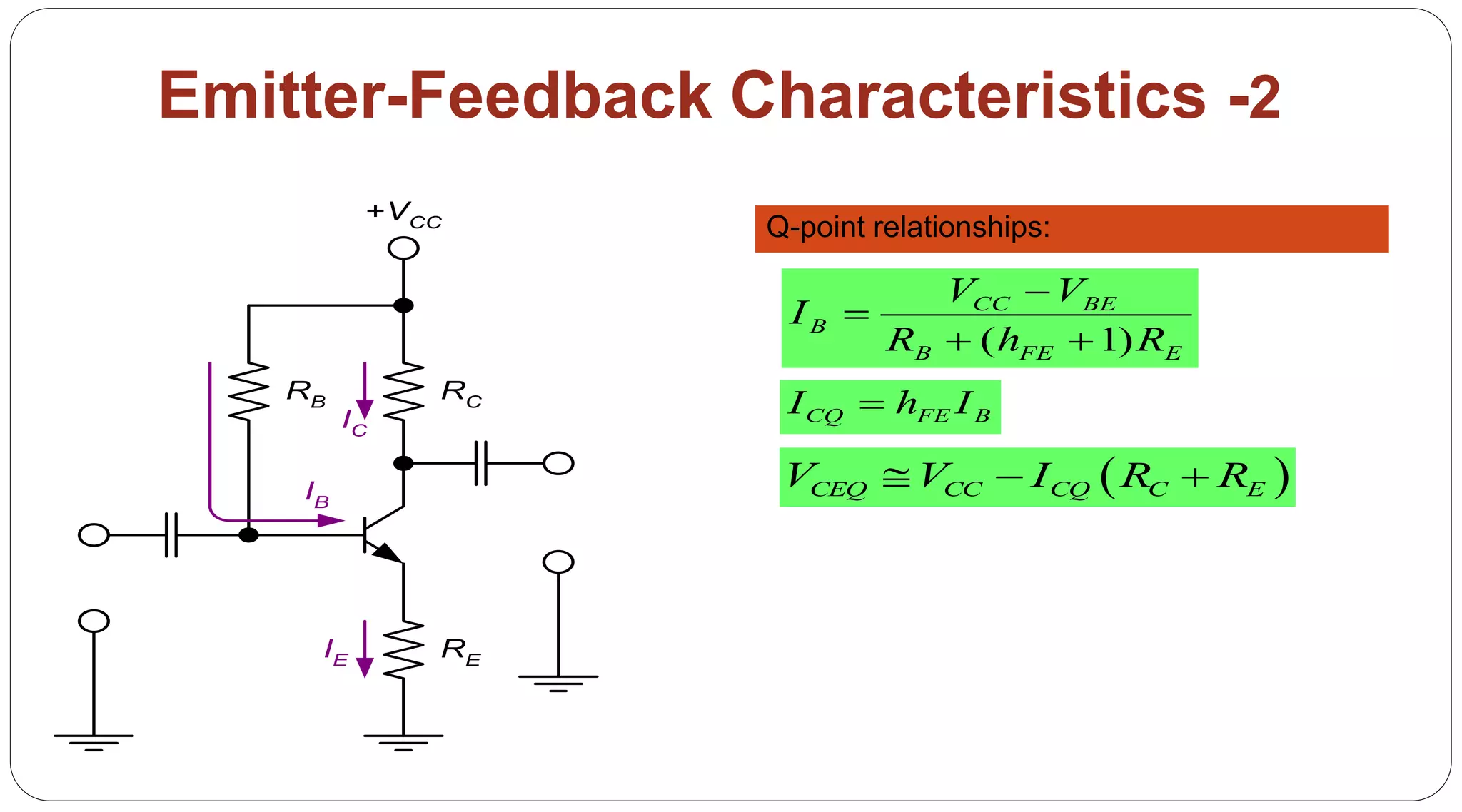 70
Emitter-Feedback Characteristics -2
RB RC
+VCC
RE
IB
IE
IC
Q-point relationships:
( 1)
CC BE
B
B FE E
V V
I
R h R


 
CQ FE BI h I
 CEQ CC CQ C EV V I R R  
 