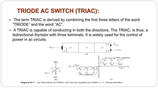 TRIODE AC SWITCH (TRIAC):
 The term TRIAC is derived by combining the first three letters of the word
“TRIODE” and the word “AC”.
 A TRIAC is capable of conducting in both the directions. The TRIAC, is thus, a
bidirectional thyristor with three terminals. It is widely used for the control of
power in ac circuits.
 