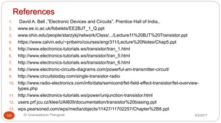 References
1. David A. Bell ,”Electronic Devices and Circuits”, Prentice Hall of India,.
2. www.ee.ic.ac.uk/fobelets/EE2BJT_1_Q.ppt
3. www.ohio.edu/people/starzykj/network/Class/.../Lecture11%20BJT%20Transistor.ppt
4. https://www.calvin.edu/~pribeiro/courses/engr311/Lecture%20Notes/Chap5.ppt
5. http://www.electronics-tutorials.ws/transistor/tran_1.html
6. http://www.electronics-tutorials.ws/transistor/tran_5.html
7. http://www.electronics-tutorials.ws/transistor/tran_6.html
8. http://www.electronic-circuits-diagrams.com/powerful-am-transmitter-circuit/
9. http://www.circuitstoday.com/single-transistor-radio
10. http://www.radio-electronics.com/info/data/semicond/fet-field-effect-transistor/fet-overview-
types.php
11. http://www.electronics-tutorials.ws/power/unijunction-transistor.html
12. users.prf.jcu.cz/klee/UAI609/documentation/transistor%20biasing.ppt
13. wps.pearsoned.com/wps/media/objects/11427/11702257/Chapter%2B8.ppt
124 Dr Gnanasekaran Thangavel 8/2/2017
 