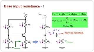 50
Base input resistance - 1
R1
R2 RE
RC
VCC
I1
I2
IE
IB
IC
RIN(base)
R1
R2
I1
I2
VCC
0.7 V
IB RIN(base)
( 1)E E E B FE EV I R I h R  
(base) ( 1)E
IN FE E
B
FE E
V
R h R
I
h R
  

May be ignored.
 