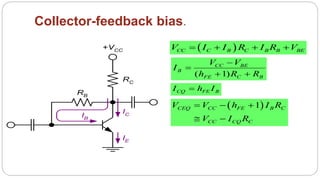 61
Collector-feedback bias.
RB
RC
+VCC
IC
IE
IB
 CC C B C B B BEV I I R I R V   
( 1)
CC BE
B
FE C B
V V
I
h R R


 
CQ FE BI h I
 1CEQ CC FE B C
CC CQ C
V V h I R
V I R
  
 
 