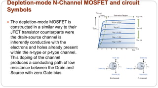 Depletion-mode N-Channel MOSFET and circuit
Symbols
 The depletion-mode MOSFET is
constructed in a similar way to their
JFET transistor counterparts were
the drain-source channel is
inherently conductive with the
electrons and holes already present
within the n-type or p-type channel.
This doping of the channel
produces a conducting path of low
resistance between the Drain and
Source with zero Gate bias.
 