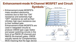 Enhancement-mode N-Channel MOSFET and Circuit
Symbols
 Enhancement-mode MOSFETs
make excellent electronics
switches due to their low “ON”
resistance and extremely high
“OFF” resistance as well as their
infinitely high input resistance due
to their isolated gate.
Enhancement-mode MOSFETs are
used in integrated circuits to
produce CMOS type Logic Gates
and power switching circuits in the
form of as PMOS (P-channel) and
NMOS (N-channel) gates. CMOS
actually stands for Complementary
MOS meaning that the logic device
 