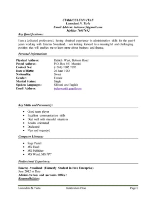 Lomndeni Tsela Curriculum Vitae