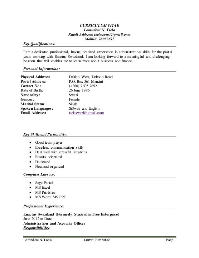 Lomndeni Tsela Curriculum Vitae