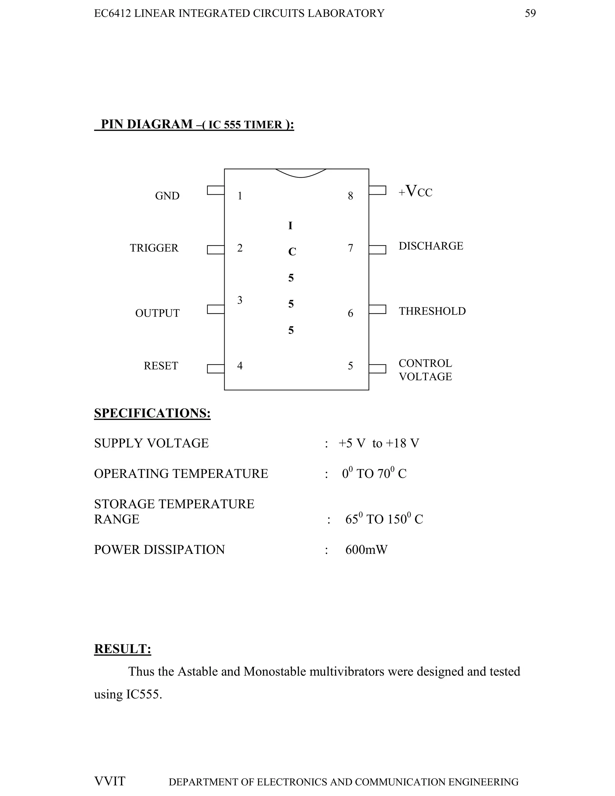 EC6412 LINEAR INTEGRATED CIRCUITS LABORATORY 59
VVIT DEPARTMENT OF ELECTRONICS AND COMMUNICATION ENGINEERING
PIN DIAGRAM –( IC 555 TIMER ):
SPECIFICATIONS:
SUPPLY VOLTAGE : +5 V to +18 V
OPERATING TEMPERATURE : 00
TO 700
C
STORAGE TEMPERATURE
RANGE : 650
TO 1500
C
POWER DISSIPATION : 600mW
RESULT:
Thus the Astable and Monostable multivibrators were designed and tested
using IC555.
8
7
6
5
1
2
3
4
I
C
5
5
5
GND
TRIGGER
OUTPUT
RESET
+VCC
DISCHARGE
THRESHOLD
CONTROL
VOLTAGE
 