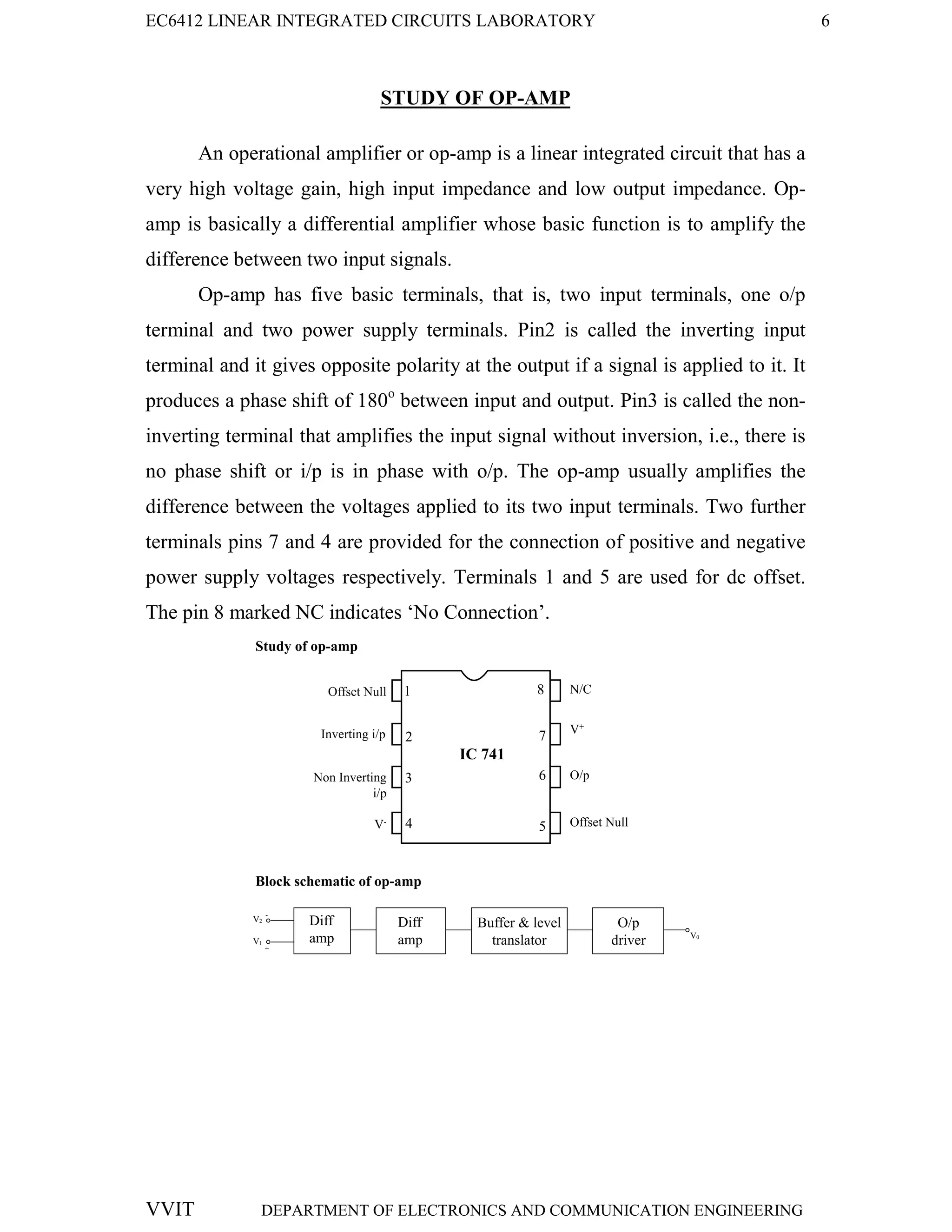 EC6412 LINEAR INTEGRATED CIRCUITS LABORATORY 6
VVIT DEPARTMENT OF ELECTRONICS AND COMMUNICATION ENGINEERING
STUDY OF OP-AMP
An operational amplifier or op-amp is a linear integrated circuit that has a
very high voltage gain, high input impedance and low output impedance. Op-
amp is basically a differential amplifier whose basic function is to amplify the
difference between two input signals.
Op-amp has five basic terminals, that is, two input terminals, one o/p
terminal and two power supply terminals. Pin2 is called the inverting input
terminal and it gives opposite polarity at the output if a signal is applied to it. It
produces a phase shift of 180o
between input and output. Pin3 is called the non-
inverting terminal that amplifies the input signal without inversion, i.e., there is
no phase shift or i/p is in phase with o/p. The op-amp usually amplifies the
difference between the voltages applied to its two input terminals. Two further
terminals pins 7 and 4 are provided for the connection of positive and negative
power supply voltages respectively. Terminals 1 and 5 are used for dc offset.
The pin 8 marked NC indicates ‘No Connection’.
Study of op-amp
Block schematic of op-amp
1
2
4
3 6
7
8
Non Inverting
i/p
N/C
O/p
V+
Offset Null
5
Offset Null
Inverting i/p
V-
IC 741
Diff
amp
Diff
amp
Buffer & level
translator
O/p
driver
+
-
V2
V1
V0
 