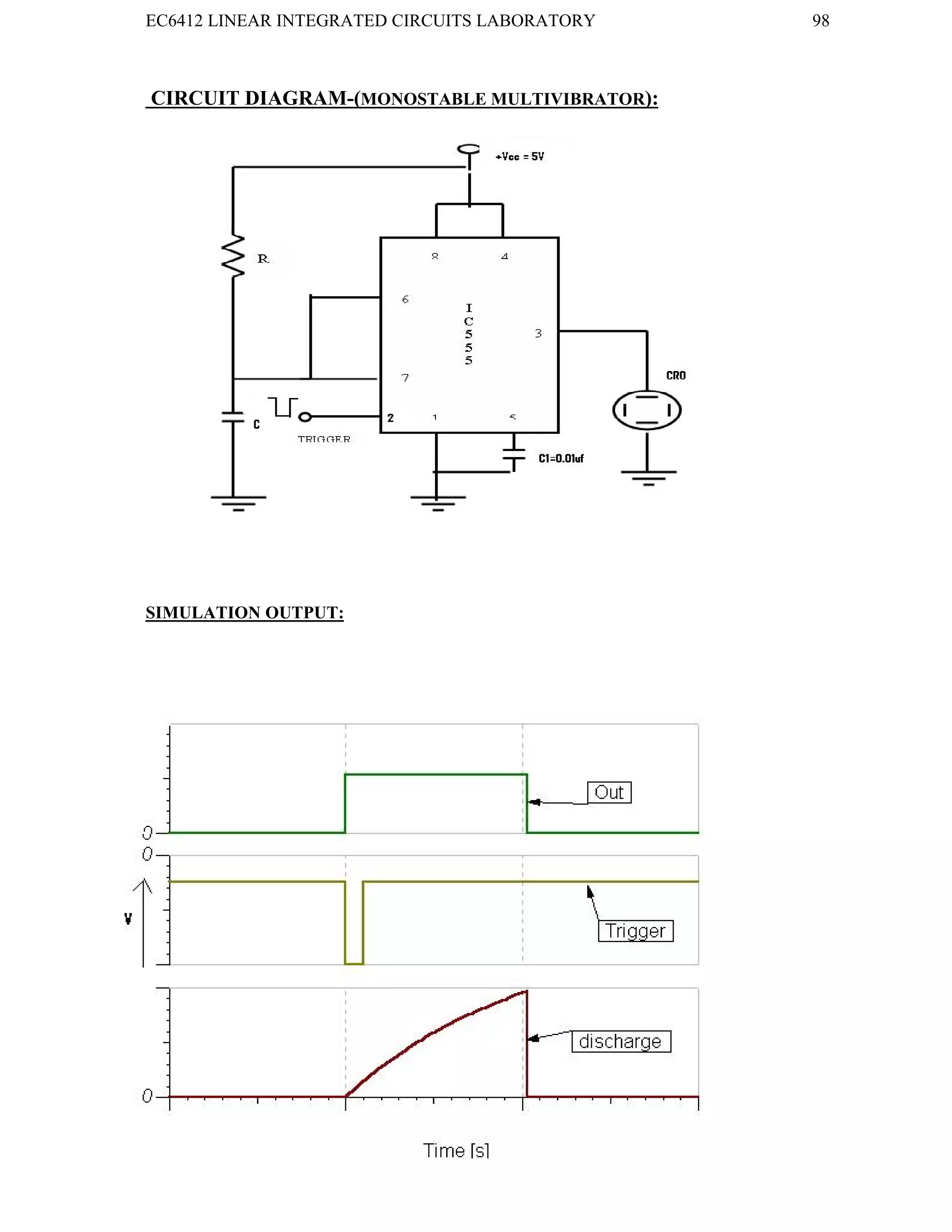 EC6412 LINEAR INTEGRATED CIRCUITS LABORATORY 98
VVIT DEPARTMENT OF ELECTRONICS AND COMMUNICATION ENGINEERING
CIRCUIT DIAGRAM-(MONOSTABLE MULTIVIBRATOR):
SIMULATION OUTPUT:
-----
--
 