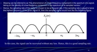 • Aliasing can be referred to as “the phenomenon of a high-frequency component in the spectrum of a signal,
taking on the identity of a low-frequency component in the spectrum of its sampled version.”
• Hence, the sampling rate of the signal is chosen to be as Nyquist rate. If the sampling rate is equal to twice
the highest frequency of the given signal W, then the sampled signal would look like the following figure.
12
In this case, the signal can be recovered without any loss. Hence, this is a good sampling rate.
 