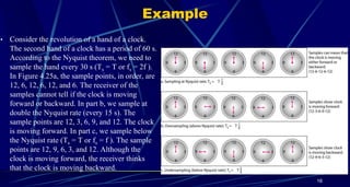 • Consider the revolution of a hand of a clock.
The second hand of a clock has a period of 60 s.
According to the Nyquist theorem, we need to
sample the hand every 30 s (Ts = T or fs = 2f ).
In Figure 4.25a, the sample points, in order, are
12, 6, 12, 6, 12, and 6. The receiver of the
samples cannot tell if the clock is moving
forward or backward. In part b, we sample at
double the Nyquist rate (every 15 s). The
sample points are 12, 3, 6, 9, and 12. The clock
is moving forward. In part c, we sample below
the Nyquist rate (Ts = T or fs = f ). The sample
points are 12, 9, 6, 3, and 12. Although the
clock is moving forward, the receiver thinks
that the clock is moving backward.
16
Example
 