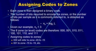Assigning Codes to Zones
• Each zone is then assigned a binary code.
• The number of bits required to encode the zones, or the number
of bits per sample as it is commonly referred to, is obtained as
follows:
• nb = log2 L
• Given our example, nb = 3
• The 8 zone (or level) codes are therefore: 000, 001, 010, 011,
100, 101, 110, and 111
• Assigning codes to zones:
 000 will refer to zone -20 to -15
 001 to zone -15 to -10, etc.
20
 