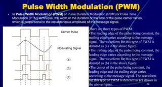 Pulse Width Modulation (PWM)
• In Pulse Width Modulation (PWM) or Pulse Duration Modulation (PDM) or Pulse Time
Modulation (PTM) technique, the width or the duration or the time of the pulse carrier varies,
which is proportional to the instantaneous amplitude of the message signal.
29
There are three types of PWM.
•The leading edge of the pulse being constant, the
trailing edge varies according to the message
signal. The waveform for this type of PWM is
denoted as (a) in the above figure.
•The trailing edge of the pulse being constant, the
leading edge varies according to the message
signal. The waveform for this type of PWM is
denoted as (b) in the above figure.
•The center of the pulse being constant, the
leading edge and the trailing edge varies
according to the message signal. The waveform
for this type of PWM is denoted as (c) shown in
the above figure.
 