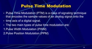 Pulse Time Modulation
• Pulse Time Modulation (PTM) is a class of signaling technique
that encodes the sample values of an analog signal onto the
• time axis of a digital signal.
• The two main types of pulse time modulation are:
1.Pulse Width Modulation (PWM)
2.Pulse Position Modulation (PPM)
33
 