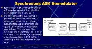 Synchronous ASK Demodulator
Synchronous ASK detector consists of
a Square law detector, low pass filter,
a comparator, and a voltage li
The ASK modulated input signal is
given to the Square law detector. A
square law detector is one whose
output voltage is proportional to the
square of the amplitude modulated
input voltage. The low pass filter
minimizes the higher frequencies. The
comparator and the voltage limiter help
to get a clean digital output. miter.
Following is the block diagram for the
same.
47
 