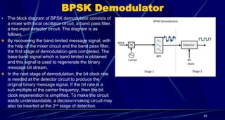 BPSK Demodulator
• The block diagram of BPSK demodulator consists of
a mixer with local oscillator circuit, a band pass filter,
a two-input detector circuit. The diagram is as
follows.
By recovering the band-limited message signal, with
the help of the mixer circuit and the band pass filter,
the first stage of demodulation gets completed. The
base band signal which is band limited is obtained
and this signal is used to regenerate the binary
message bit stream.
In the next stage of demodulation, the bit clock rate
is needed at the detector circuit to produce the
original binary message signal. If the bit rate is a
sub-multiple of the carrier frequency, then the bit
clock regeneration is simplified. To make the circuit
easily understandable, a decision-making circuit may
also be inserted at the 2nd stage of detection.
55
 