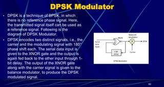 DPSK Modulator
• DPSK is a technique of BPSK, in which
there is no reference phase signal. Here,
the transmitted signal itself can be used as
a reference signal. Following is the
diagram of DPSK Modulator.
• DPSK encodes two distinct signals, i.e., the
carrier and the modulating signal with 180°
phase shift each. The serial data input is
given to the XNOR gate and the output is
again fed back to the other input through 1-
bit delay. The output of the XNOR gate
along with the carrier signal is given to the
balance modulator, to produce the DPSK
modulated signal.
60
 