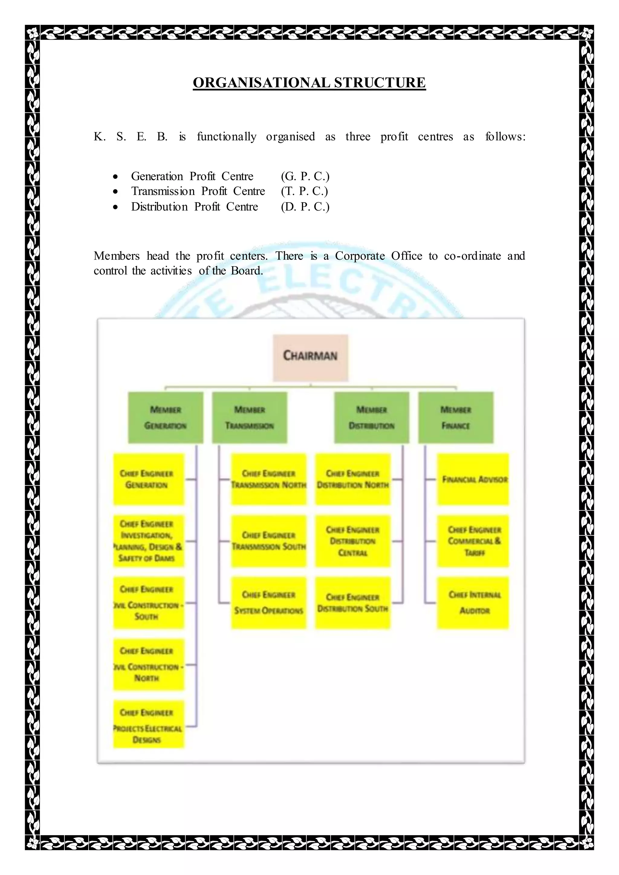 ORGANISATIONAL STRUCTURE
K. S. E. B. is functionally organised as three profit centres as follows:
 Generation Profit Centre (G. P. C.)
 Transmission Profit Centre (T. P. C.)
 Distribution Profit Centre (D. P. C.)
Members head the profit centers. There is a Corporate Office to co-ordinate and
control the activities of the Board.
 