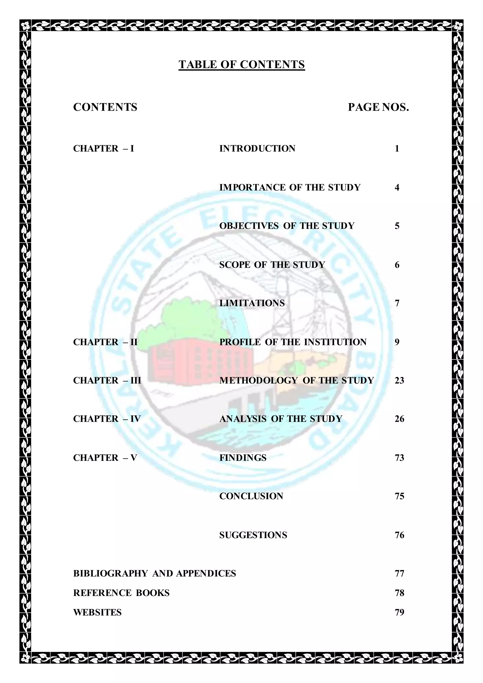 TABLE OF CONTENTS
CONTENTS PAGE NOS.
CHAPTER – I INTRODUCTION 1
IMPORTANCE OF THE STUDY 4
OBJECTIVES OF THE STUDY 5
SCOPE OF THE STUDY 6
LIMITATIONS 7
CHAPTER – II PROFILE OF THE INSTITUTION 9
CHAPTER – III METHODOLOGY OF THE STUDY 23
CHAPTER – IV ANALYSIS OF THE STUDY 26
CHAPTER – V FINDINGS 73
CONCLUSION 75
SUGGESTIONS 76
BIBLIOGRAPHY AND APPENDICES 77
REFERENCE BOOKS 78
WEBSITES 79
 