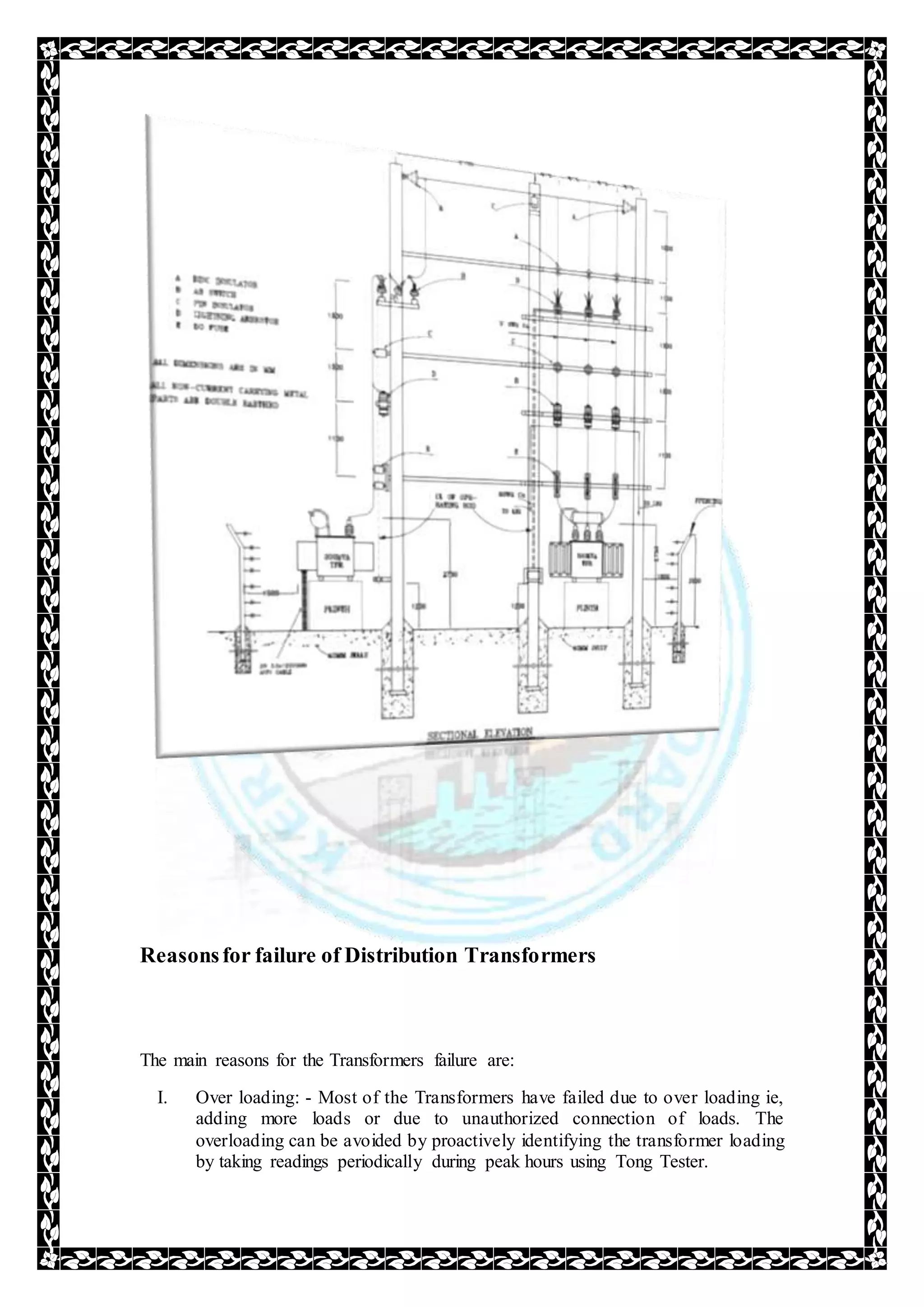 Reasonsfor failure of Distribution Transformers
The main reasons for the Transformers failure are:
I. Over loading: - Most of the Transformers have failed due to over loading ie,
adding more loads or due to unauthorized connection of loads. The
overloading can be avoided by proactively identifying the transformer loading
by taking readings periodically during peak hours using Tong Tester.
 