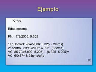  Niño
Edad decimal:
FN: 17/3/2005: 5,205
1er Control: 28/4/2006: 6,325 (79cms)
2º.control: 29/12/2006; 6,992 (85cms)
VC: 85-79/(6,992- 5,205) – (6,325 -5,205)=
VC: 6/0,67= 8,95cms/año
(4)
 