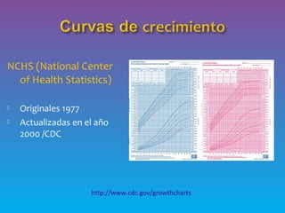 NCHS (National Center
of Health Statistics)
 Originales 1977
 Actualizadas en el año
2000 /CDC
http://www.cdc.gov/growthcharts
 