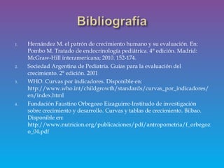 1. Hernández M. el patrón de crecimiento humano y su evaluación. En:
Pombo M. Tratado de endocrinología pediátrica. 4° edición. Madrid:
McGraw-Hill interamericana; 2010. 152-174.
2. Sociedad Argentina de Pediatría. Guías para la evaluación del
crecimiento. 2° edición. 2001
3. WHO. Curvas por indicadores. Disponible en:
http://www.who.int/childgrowth/standards/curvas_por_indicadores/
en/index.html
4. Fundación Faustino Orbegozo Eizaguirre-Institudo de investigación
sobre crecimiento y desarrollo. Curvas y tablas de crecimiento. Bilbao.
Disponible en:
http://www.nutricion.org/publicaciones/pdf/antropometria/f_orbegoz
o_04.pdf
 