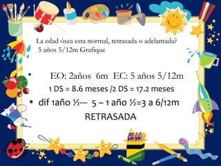 La edad ósea esta normal, retrasada o adelantada?
5 años 5/12m Grafique
• EO: 2años 6m EC: 5 años 5/12m
1 DS = 8.6 meses /2 DS = 17.2 meses
• dif 1año ½--- 5 – 1 año ½=3 a 6/12m
RETRASADA
 