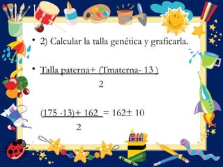 • 2) Calcular la talla genética y graficarla.
• Talla paterna+ (Tmaterna- 13 )
2
(175 -13)+ 162 = 162± 10
2
 