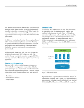 11
The I/O performance benefits of MapReduce come from taking
advantage of data locality, keeping I/O access within the server
instead of sending data across a network. FPO data locality fea-
tures include the ability to create “chunks” of data you can use
to place larger continuous regions of file data within a node for
better locality.
In addition to locality, shared-nothing clusters require enhanced
failure detection and recovery features to operate efficiently.
In Spectrum Scale 4.1, failure recovery is enhanced to provide
better data recovery performance. FPO includes a Hadoop
MapReduce connector so it can easily communicate with
Spectrum Scale.
Storing your data in Spectrum Scale FPO frees you from the
architectural restrictions of HDFS. Spectrum Scale FPO
provides Hadoop compatibility extensions to replace HDFS in
a Hadoop ecosystem, with no changes required to your Hadoop
applications.
Cluster configurations
Spectrum Scale is software defined storage, so it supports a
variety of hardware configurations—independent of the file
system features you use—freeing you to select the hardware that
best matches your application requirements. Hardware configu-
ration options can be characterized into three basic categories:
●●
Shared disk
●●
Network-based block I/O
●●
Mixed clusters
Shared disk
A shared disk (SD) architecture is the most basic environment.
In this configuration, the storage is directly attached to all
machines in the cluster, as shown in Figure 1. With a direct
connection to the storage, each shared block device is available
concurrently to all the nodes in the Spectrum Scale cluster.
Direct access means that the storage is accessible using a
SCSI or other block-level protocol using a SAN, InfiniBand,
iSCSI, virtual I/O interface or other block-level I/O connection
technology.
Figure 1 illustrates a Spectrum Scale cluster where all nodes are
connected to a common Fibre Channel SAN, although the stor-
age attachment technology could be InfiniBand, Serial Attached
SCSI (SAS), Fibre Channel over Ethernet (FCoE) or any other.
Figure 1. SAN-­attached storage.
Application
nodes
TCP/IP network
Storage network
Storage
IBM Platform Computing
 