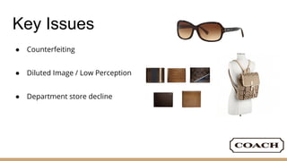 Key Issues
● Counterfeiting
● Diluted Image / Low Perception
● Department store decline
 