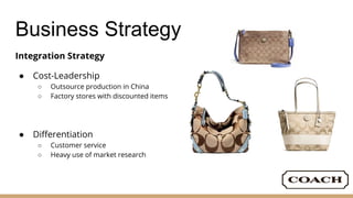 Business Strategy
Integration Strategy
● Cost-Leadership
○ Outsource production in China
○ Factory stores with discounted items
● Differentiation
○ Customer service
○ Heavy use of market research
 