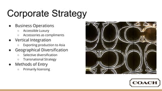 Corporate Strategy
● Business Operations
○ Accessible Luxury
○ Accessories as compliments
● Vertical Integration
○ Exporting production to Asia
● Geographical Diversification
○ Selective diversification
○ Transnational Strategy
● Methods of Entry
○ Primarily licensing
 